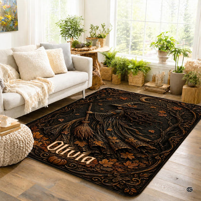 Personalized Witch Area Rug with Name - Custom Halloween Rug, Black Cat & Raven Floor Carpet, Spooky Gothic Home Decor, Non Slip Rugs (Style 10)