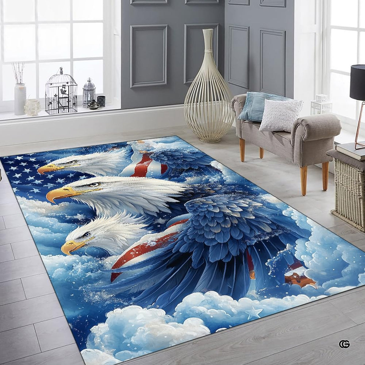 Americana eagle trio wildlife floor rug displayed in comfortable room interior