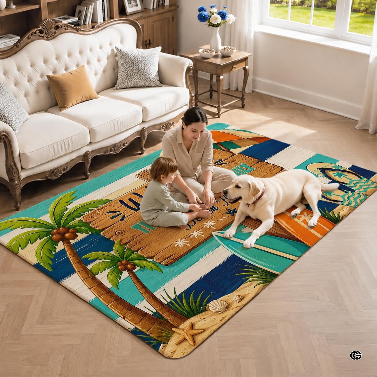 Personalized Tropical Beach Rug, Custom Family Name Tropical Outdoor Rug, Flamingo Surfboard Ocean Area Rug for Living Room, Patio, Beach House Decor, Design 05