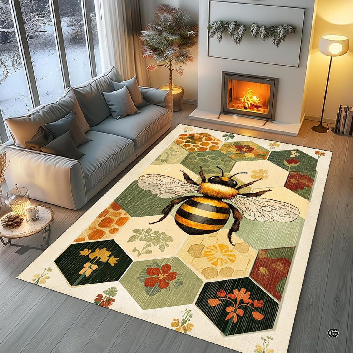 Cottagecore bedroom layout showing the botanical bee mosaic rug near wooden furnishings - image 6 of 8