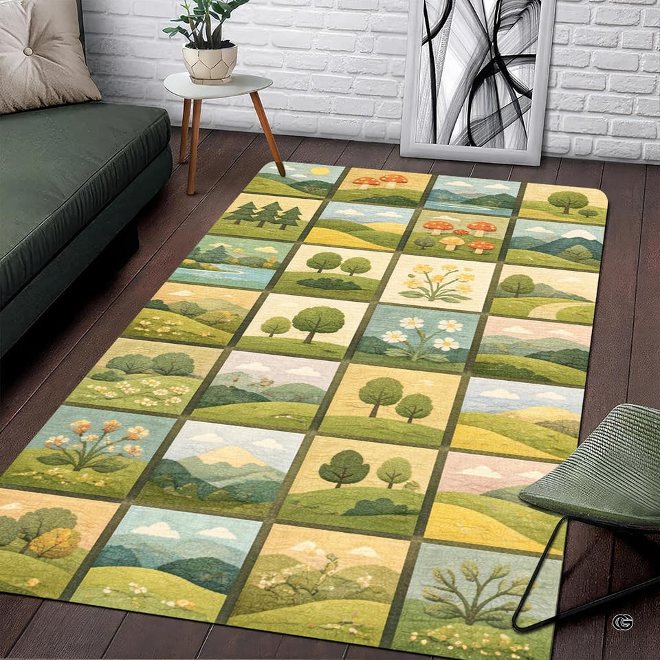 Pastoral countryside landscape sampler grid area rug in primary perspective