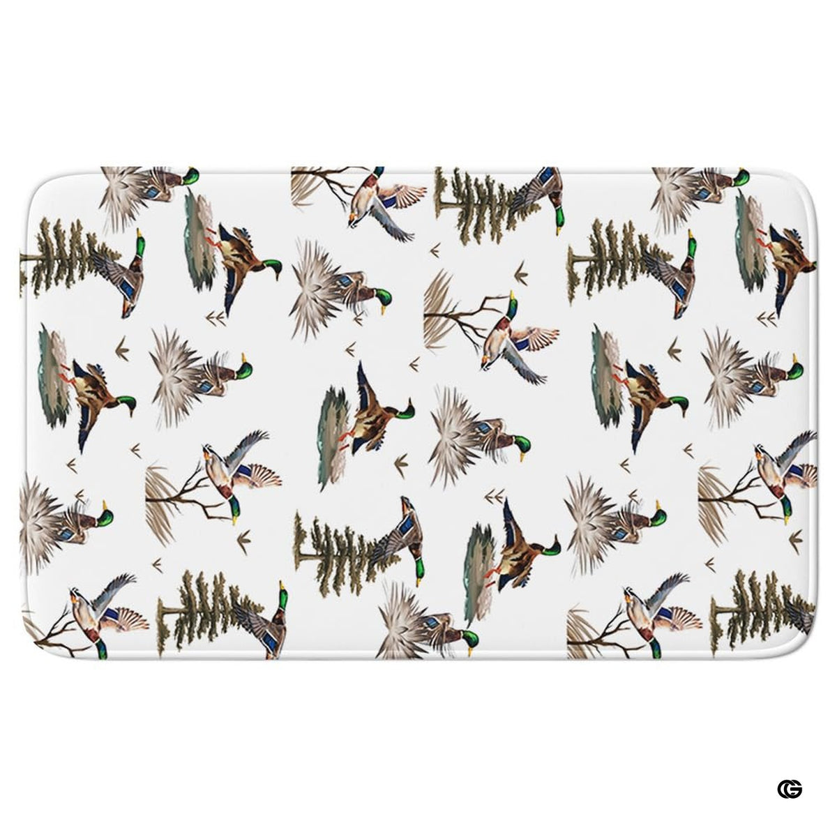 Angled shot of wildlife waterfowl area rug illustrating flying ducks, bare branches, and woodland greenery.