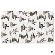Angled shot of wildlife waterfowl area rug illustrating flying ducks, bare branches, and woodland greenery. - thumbnail image 5 of 6