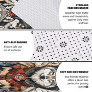 Cozy bedroom setting with the tribal wolf rug placed beside a wooden bed frame - thumbnail image 6 of 7