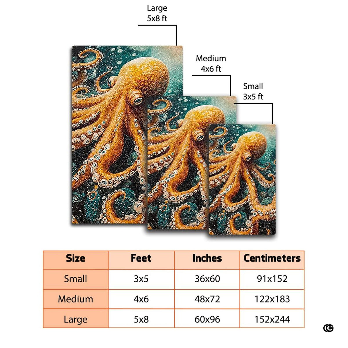Dimensions and sizing chart for mosaic tile golden octopus living room area rug - image 2 of 7