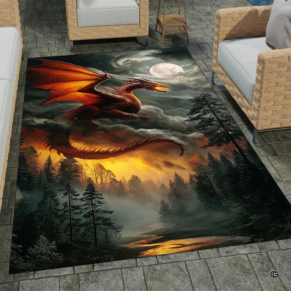 Red dragon rug flying over a sunset forest and moon