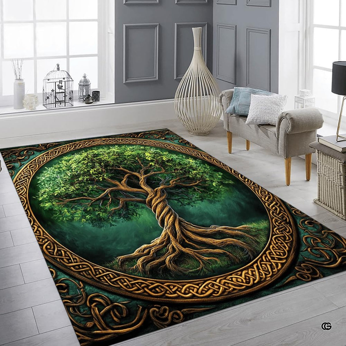 Mythological Celtic tree floor rug placed in contemporary seating room