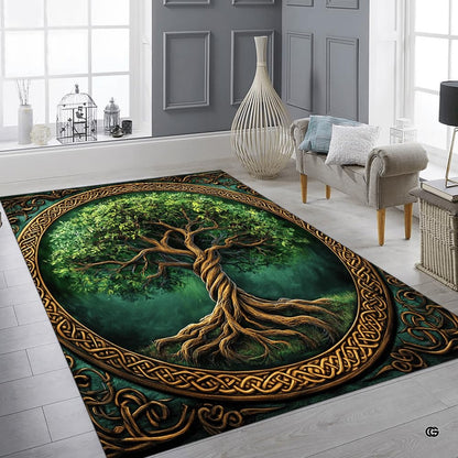 Mythological Celtic tree floor rug placed in contemporary seating room - thumbnail image 6 of 8
