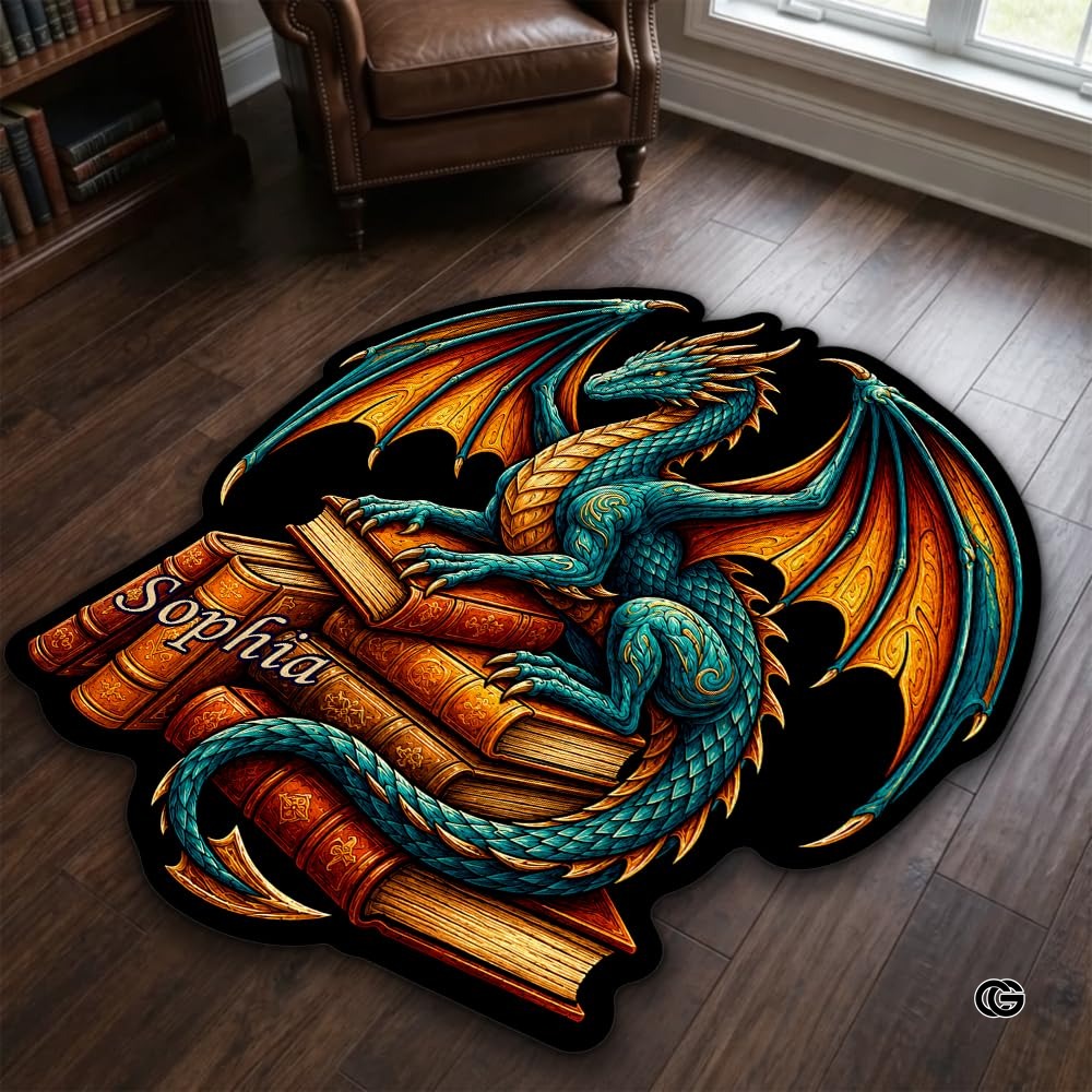 Custom Dragon Shaped Area Rug, Personalized Library Western Dragon Shaped Floor Mat Book Rug, Non-Slip Reading Room Carpet for Living Room, Bedroom, Dorm, Kids Room, Fans Lover (D9)