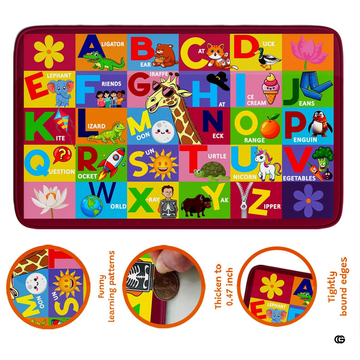 Top-down view of colorful alphabet preschool rug showcasing full illustrated grid layout with clean borders.