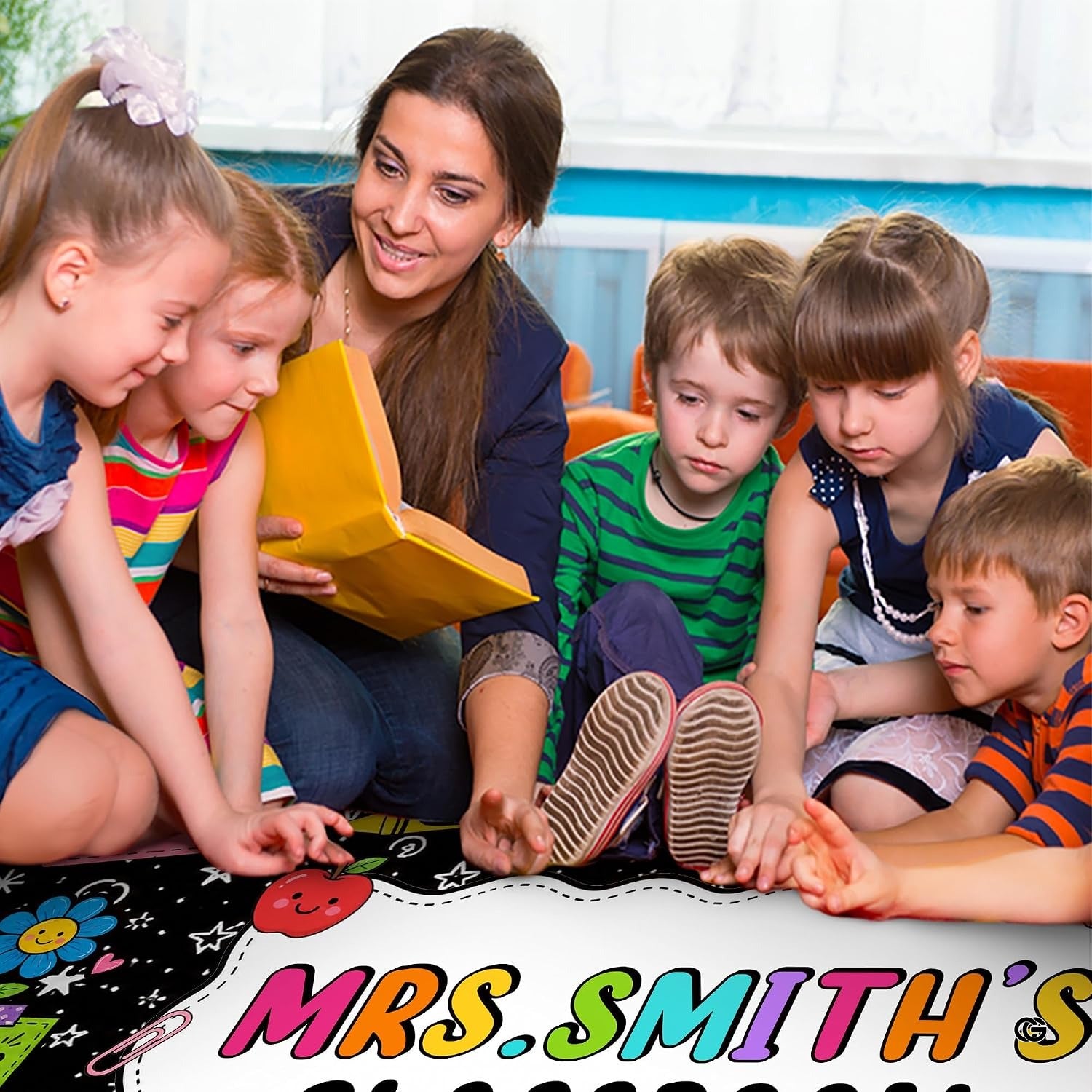 Personalized Teacher Classroom Rug, Custom Back to School Welcome Mat with Name, Kindergarten Preschool Elementary Decor, Composition Notebook Carpet (A04)