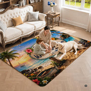 Personalized Tropical Beach Rug, Custom Family Name Tropical Outdoor Rug, Flamingo Surfboard Ocean Area Rug for Living Room, Patio, Beach House Decor, Design 06
