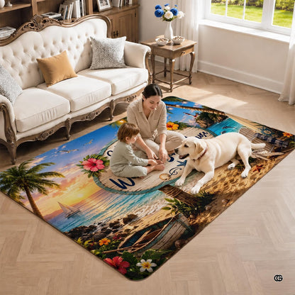 Personalized Tropical Beach Rug, Custom Family Name Tropical Outdoor Rug, Flamingo Surfboard Ocean Area Rug for Living Room, Patio, Beach House Decor, Design 06