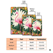 Size dimensions chart illustrating small, medium, and large options for the flamingo palm rug - thumbnail image 2 of 8