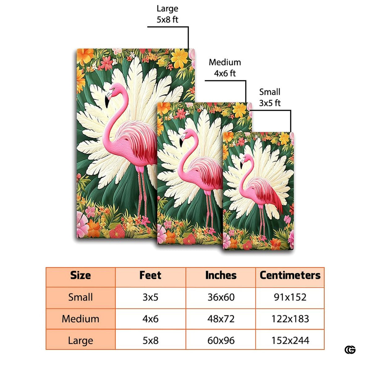 Size dimensions chart illustrating small, medium, and large options for the flamingo palm rug - image 2 of 8