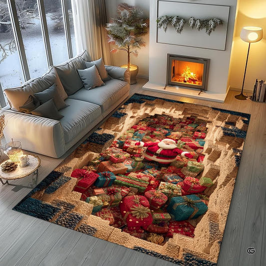 Top view of Santa optical illusion 3D pit christmas rug featuring wrapped presents and stone border.