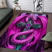 Living room floor mockup highlighting the gothic magenta dragon rug beside wicker seating - thumbnail image 2 of 8