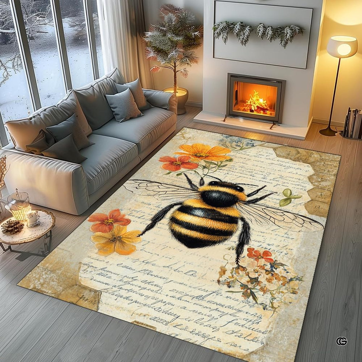 Sunroom layout displaying the antique bee manuscript rug centered on flooring - image 5 of 8
