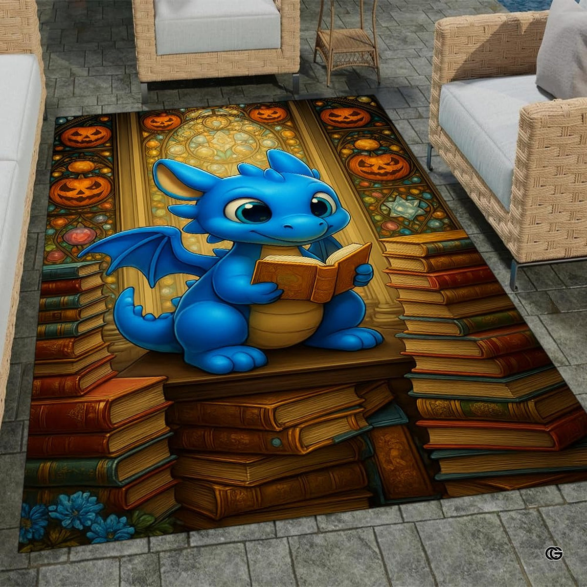 Adorable cute chibi blue baby dragon reading an open book seated on stacks of library books area rug. - image 1 of 8