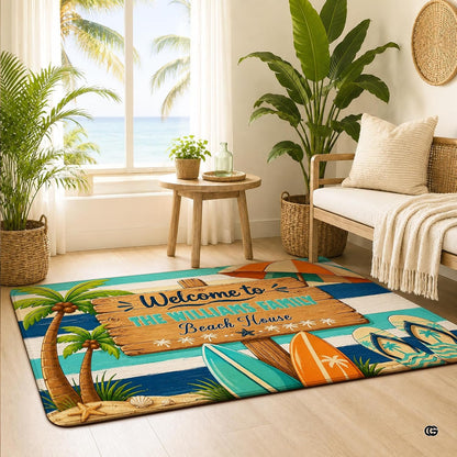 Personalized Tropical Beach Rug, Custom Family Name Tropical Outdoor Rug, Flamingo Surfboard Ocean Area Rug for Living Room, Patio, Beach House Decor, Design 05