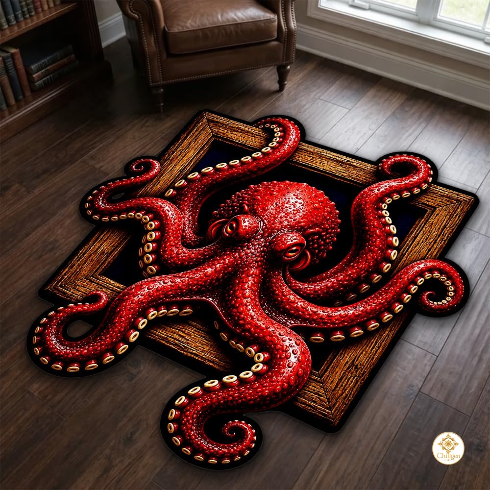 Personalized Octopus Shaped Welcome Mat with Name and Waves - D2