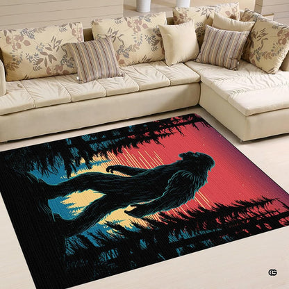 Overhead display of the Bigfoot vintage forest rug highlighting vivid teal and pink retro sky shades. - thumbnail image 4 of 5