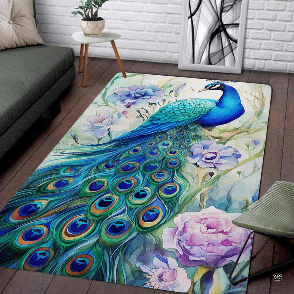 Modern living room sofa setting displaying the perched peacock floral wildlife area rug