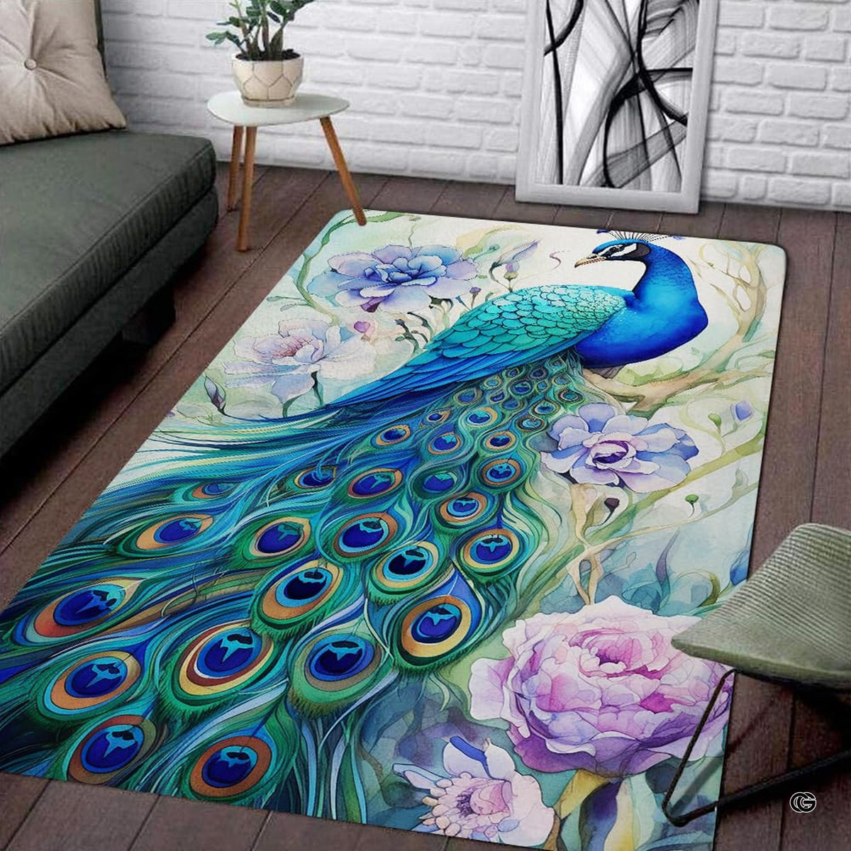 Modern living room sofa setting displaying the perched peacock floral wildlife area rug