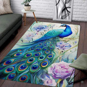 Modern living room sofa setting displaying the perched peacock floral wildlife area rug - thumbnail image 1 of 7