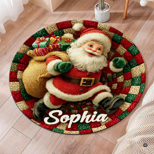 Round area rug with Santa Claus carrying gifts on wood floor