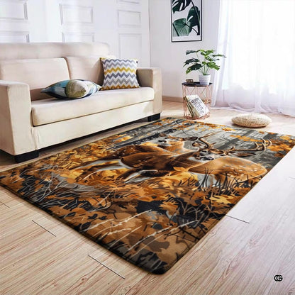 Autumn whitetail deer area rug styled on hardwood flooring in cabin living room. - thumbnail image 4 of 7