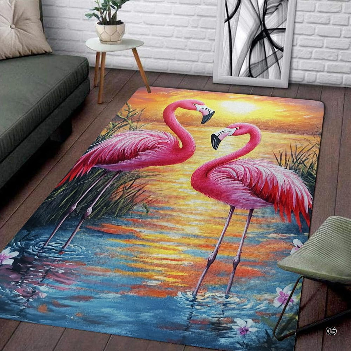 Sunset lagoon pink flamingo pair living room area rug with glowing golden water reflections - image 1 of 7