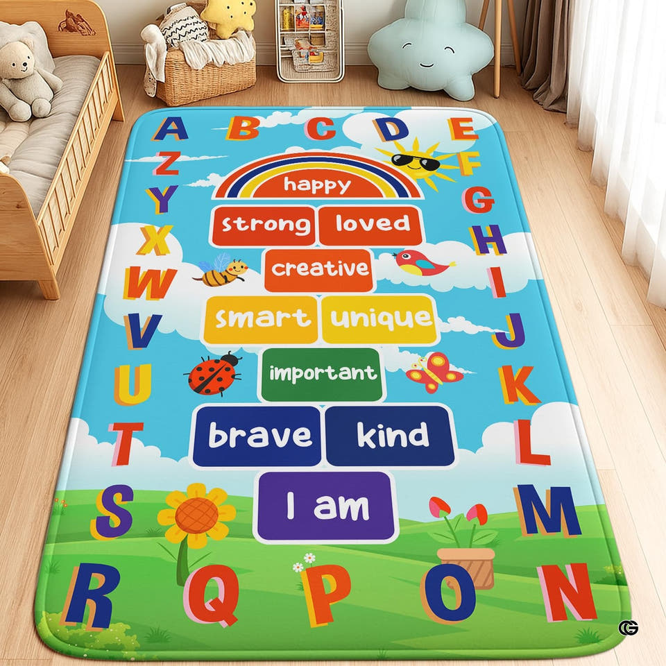 Kids alphabet play mat area rug featuring decorative accent squares and colorful letter borders in a bright playroom.
