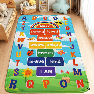 Kids alphabet play mat area rug featuring decorative accent squares and colorful letter borders in a bright playroom.