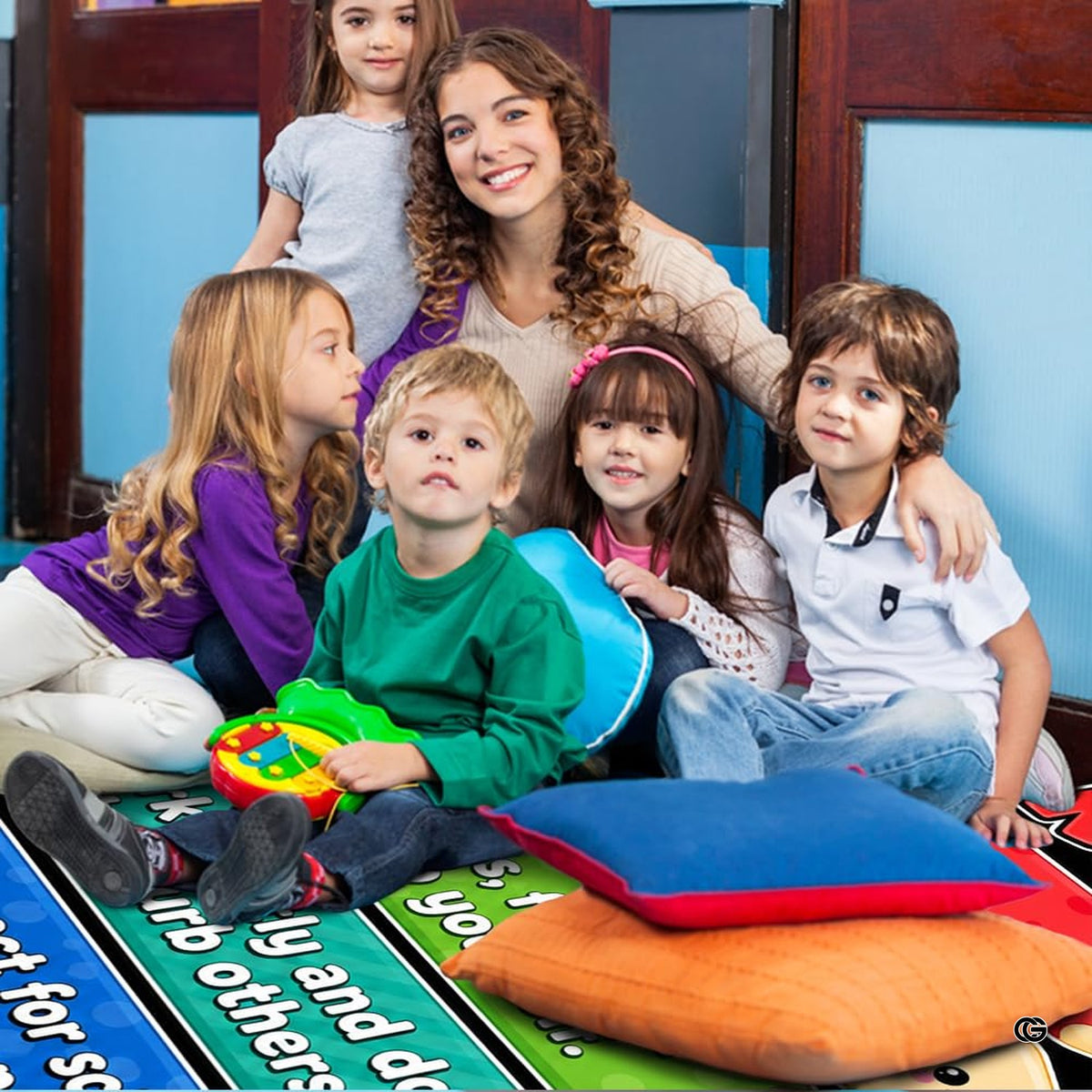 Floor styling view of kids school carpet surrounded by cheerful room decor and organized activity spaces. - image 5 of 7