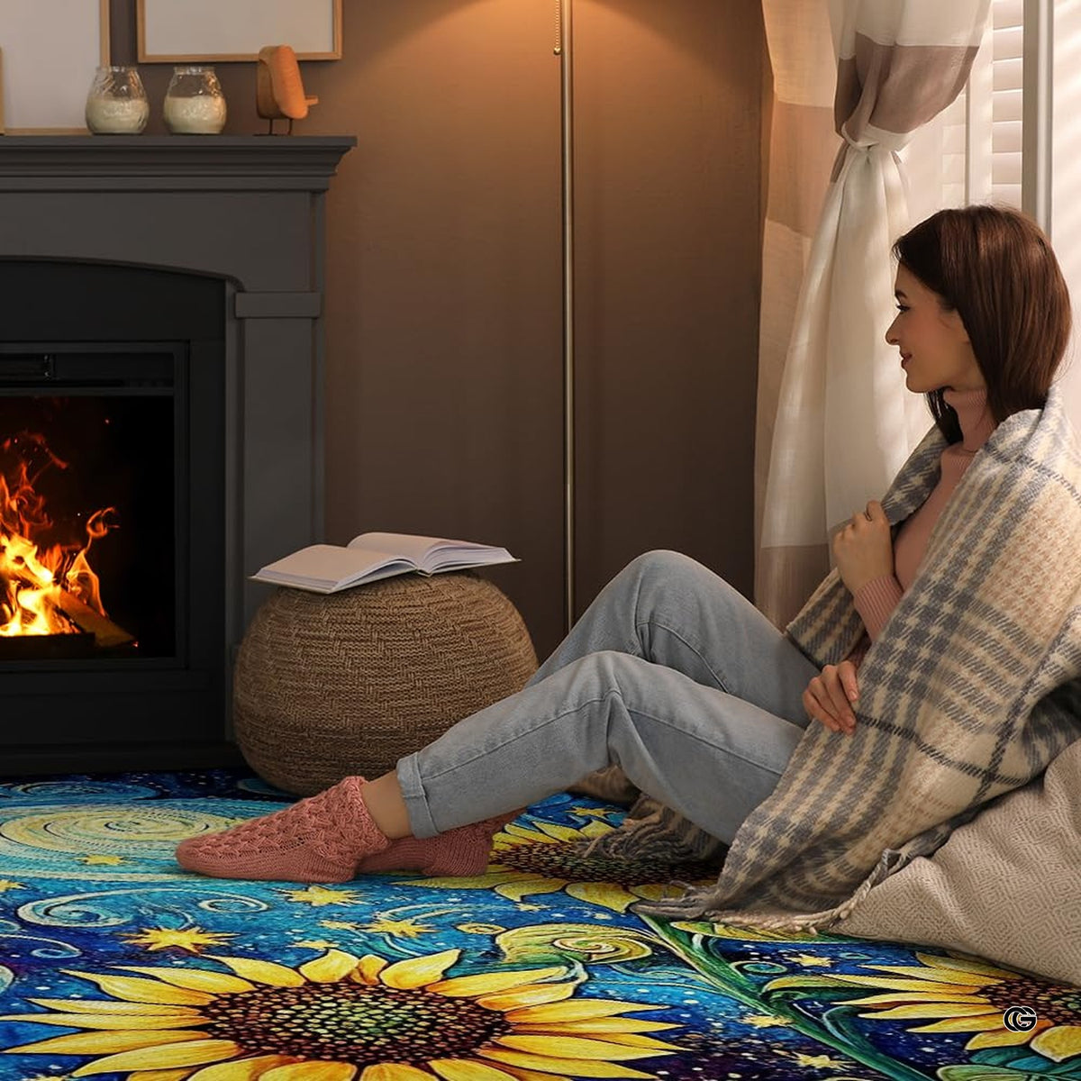 Detailed view of the durable edge stitching and swirling starry sky print on microfiber - image 8 of 8