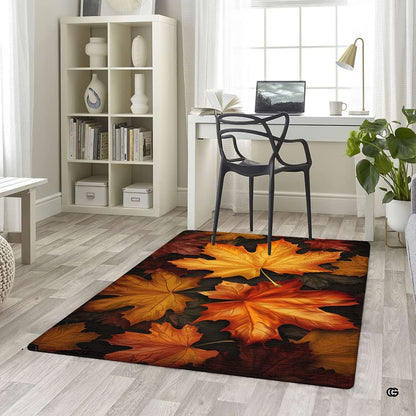 Dining space setting featuring the fall maple leaf colors area rug beneath a rustic wooden table. - thumbnail image 5 of 7