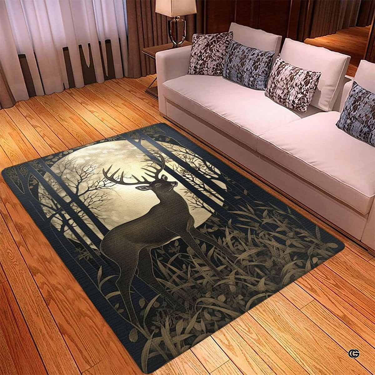 Detailed view of majestic antlers and botanical leaf borders on a woodland floor rug. - image 3 of 7