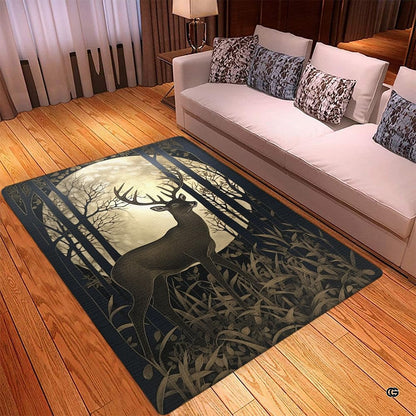 Detailed view of majestic antlers and botanical leaf borders on a woodland floor rug. - thumbnail image 3 of 7