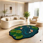 Custom Japanese Koi Fish Shaped Area Rug, Personalized 3D Optical Illusion Koi Pond Lotus Non Slip Washable Shaped Floor Mat, Fish Pond Rugs for Bedroom Living Room Decor (1, D8)