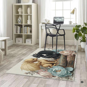 Cute golden and black baby dragons sitting on an antique leather book surrounded by soft pastel peonies area rug. - thumbnail image 5 of 5