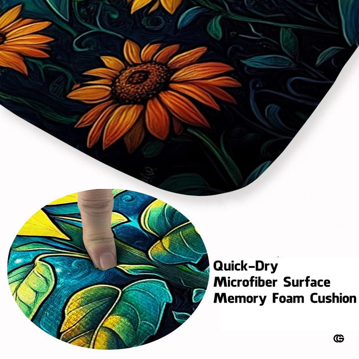 Close-up view of the soft microfiber surface, sunflower petals, and cosmic teal swirls