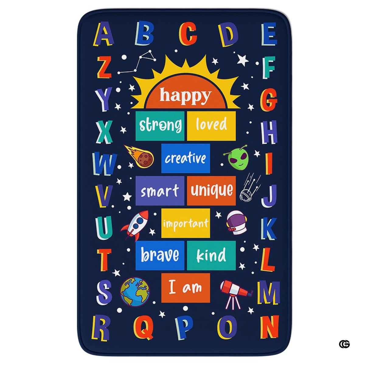 Detailed view of the vibrant uppercase alphabet border surrounding the decorative accent path and constellation print. - image 6 of 9