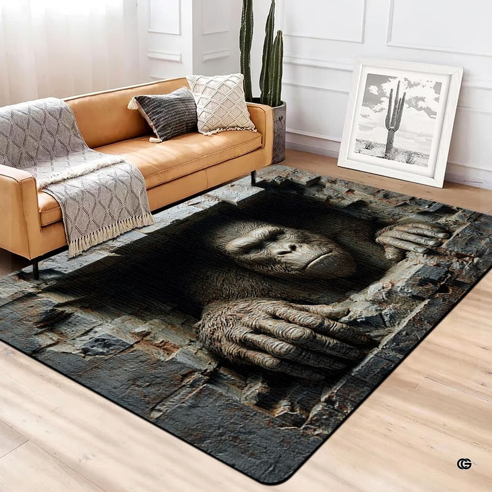 Yeti rug peering through a broken wooden and brick floor