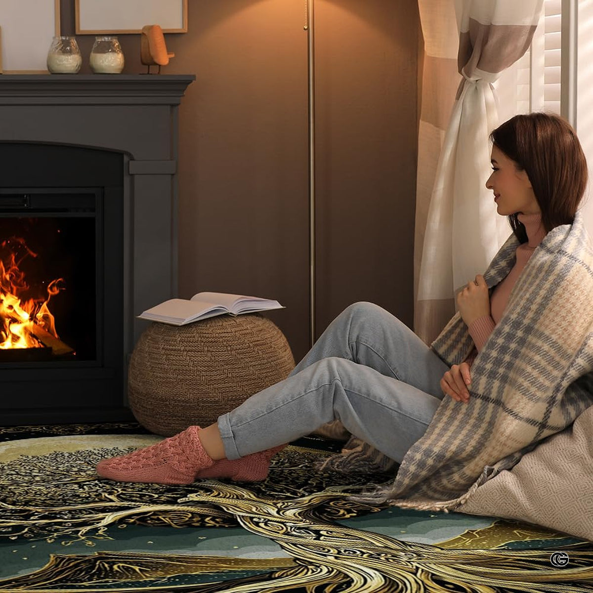 Irish tree life area rug styled in living room showing interwoven golden branches and roots. - image 2 of 8