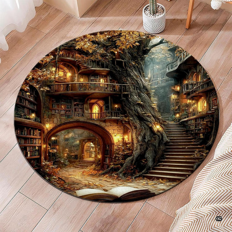 Round area rug on hardwood floor displaying an enchanted treehouse library artwork