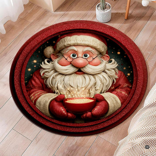 Round red Christmas rug with Santa portrait, glasses, white beard, glowing bowl, golden sparkles, and red rings