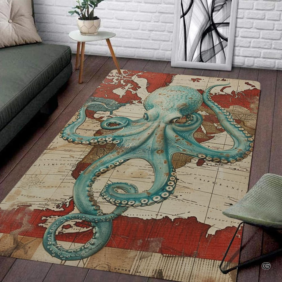 Teal octopus artwork across a vintage nautical chart area rug placed in a bright living space