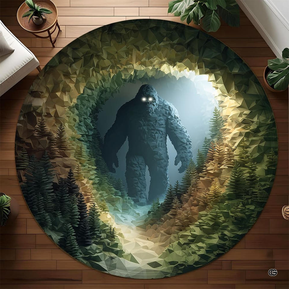 Round low poly Bigfoot rug in an evergreen tunnel