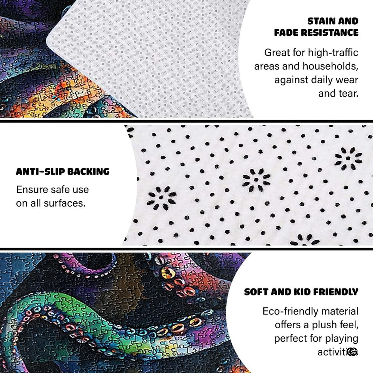 Colorful puzzle octopus floor carpet displayed in cozy living room interior
